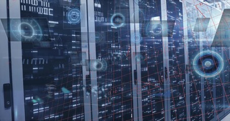Digital animation of data processing over grid digital tablet data processing server room - Powered by Adobe
