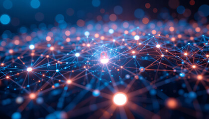 Abstract network of interconnected nodes with glowing lights and connections