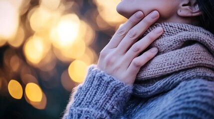 Person holding neck in discomfort with loosely wrapped warm scarf, concept of winter health issues, seasonal pain and self care for sore muscles
