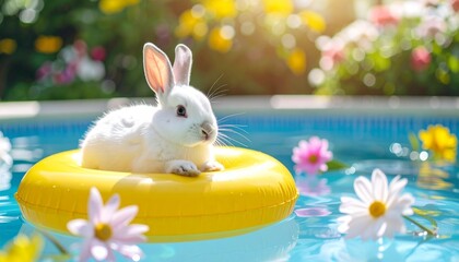 Adorable white bunny relaxing on a yellow pool float in sparkling blue water, a whimsical scene of a summer vacation fantasy with flowers
