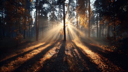 Obraz premium Golden sunlight streams through a misty autumn forest, casting long shadows on the forest floor.