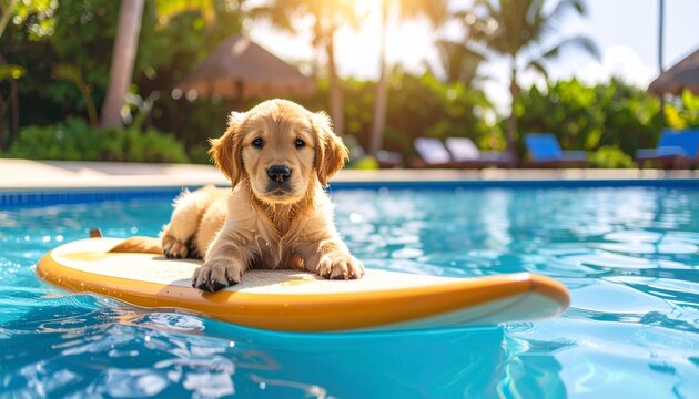 Charming golden retriever puppy lounging on a surfboard in a sunny resort swimming pool during a summer getaway