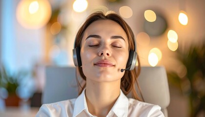 A tranquil businesswoman with closed eyes takes a mindful break from work, finding serenity and balance while listening to audio on her headset