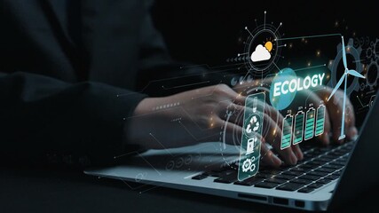 Professional hands engage with a laptop displaying innovative ecology graphics, symbolizing the intersection of technology and environmental sustainability in modern research. Qubit - Powered by Adobe