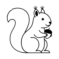A classic line art drawing of a squirrel holding an acorn. A black and white illustration of a cute woodland rodent, perfect for autumn, nature, or forest themed designs.