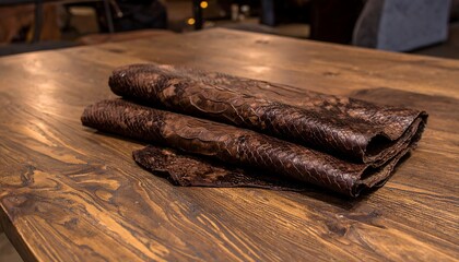 Brown leather hides on wood table
