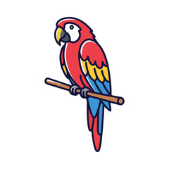 Fototapeta premium A vibrant cartoon macaw parrot perched on a branch. This colorful tropical bird illustration is isolated on a white background, ideal for jungle or exotic animal themes.