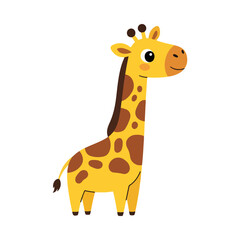 Fototapeta premium A cute cartoon illustration of a happy baby giraffe. Adorable and colorful drawing of a young safari animal, isolated on a white background for children's projects.