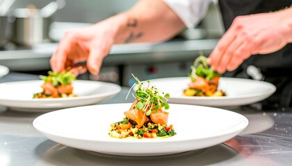Chef preparing plates of salmon and vegetables
