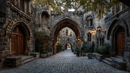 Mysterious gothic courtyard path with ancient stone archways and fading sunlight atmosphere