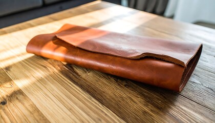 Brown leather placemat on wooden table