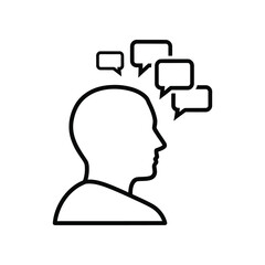 Thought Process Silhouette: A minimalist silhouette of a head, visually representing a person deep in thought, with speech bubbles floating above.
