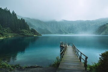 Fototapeta premium Spectacular Volcanic Crater Lake with Verdant Surroundings and Ethereal Mist, Wooden Dock Piercing the Calm Waters