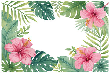 Watercolor Tropical Hibiscus and Monstera Leaf Frame © Tanvir Rana