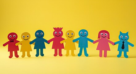 Joyful diverse paper people holding hands united in friendship and community, symbolizing teamwork and togetherness on a vibrant yellow background