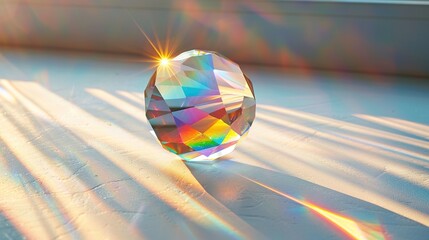 Close-up of glowing prism refracting sunlight into vibrant color bands on minimalist white surface, symbolizing wireless frequency allocation and spectrum analysis.
