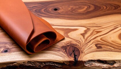 Brown leather roll on wood slab