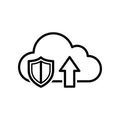 Cloud Security: A minimalist monochrome outline of a cloud symbol intertwined with a shield and upward arrow, embodying digital protection and data transfer