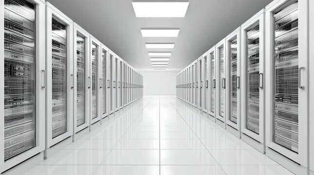 Modern data center with rows of white server racks, symbolizing cloud computing, digital infrastructure, big data, cybersecurity, and advanced information technology systems.