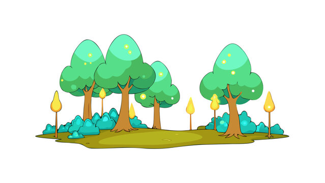 Magic forest with glowing trees on white background