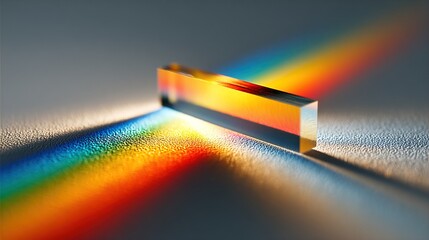 Close-up of glowing prism refracting sunlight into vibrant color bands on minimalist white surface, symbolizing wireless frequency allocation and spectrum analysis.
