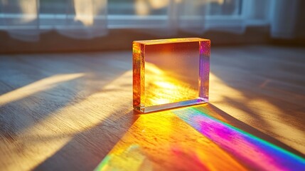 Close-up of glowing prism refracting sunlight into vibrant color bands on minimalist white surface, symbolizing wireless frequency allocation and spectrum analysis.
