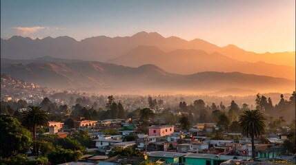 A sun-drenched cityscape nestled amidst a majestic mountain range, bathed in the warm glow of sunrise.