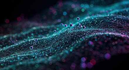 Experience the mesmerizing allure of a vibrant digital network pulsating with energy and connection, showcasing intricate data streams and glowing nodes in a futuristic abstract landscape.