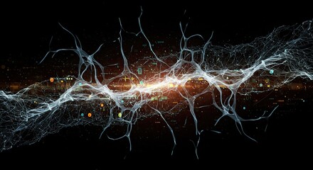 Dynamic network visualization showcasing intricate digital connections and glowing data streams, representing futuristic connectivity and complex information flow.
