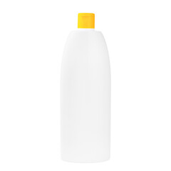 White plastic bottle with yellow cap with detergent isolate on white background