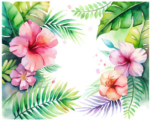 Watercolor Tropical Hibiscus and Monstera Leaf Frame