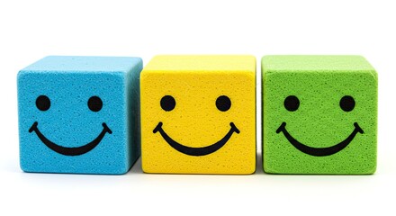 Three colorful blocks with cheerful smiley faces lined up showcasing positive emotions and customer satisfaction in a bright, clean studio setting