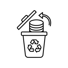 Throwing Money Away Icon: A stylized icon representing money being discarded into a trash can with a recycling symbol, conveying waste or financial loss.