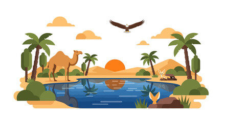 Obraz premium Desert Oasis Scene Featuring Camel, Eagle, and Fennec Foxes with Palm Trees