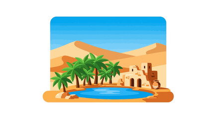 Desert Oasis Scene with Palm Trees, Buildings, and Water in Sunlight