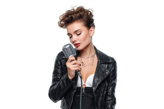 Female singer with a vintage microphone. - Powered by Adobe