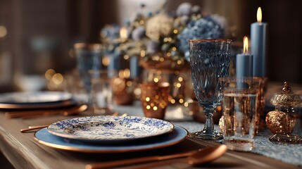 Fototapeta premium Elegant Autumnal Table Setting: Blue & Copper Thanksgiving Dinner Inspiration
