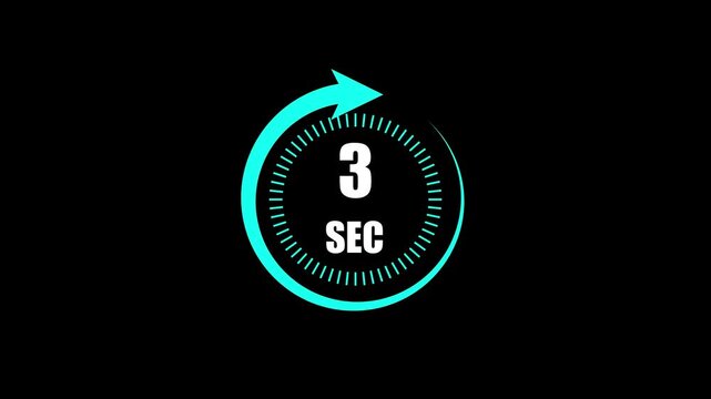 3 Seconds Clock Timer Animation. Stopwatch Icon in Flat Style. Clean black Background. Time Counter Animation .