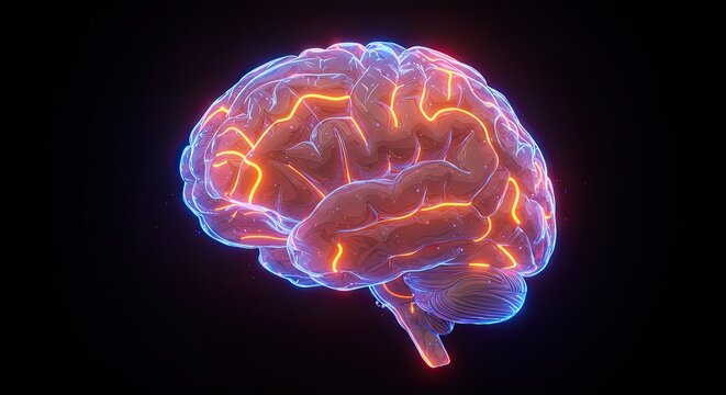 Vibrant glowing brain with neural pathways illuminated in dynamic neon orange and electric blue against a dark, abstract background symbolizing thought