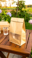 Brown paper bag on wooden table outdoors