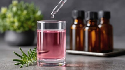 Laboratory beaker filled with pale pink liquid, pipette dripping oil into it