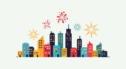 Festive City Skyline with Colorful Fireworks Display