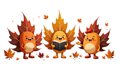 Cheerful characters made of autumn leaves enjoying reading and storytelling in a playful setting

