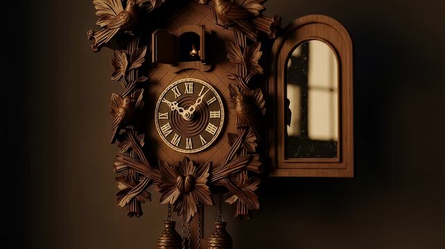 Ornate Wooden Cuckoo Clock Timepiece Elegant Carved Detail