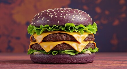 Indulge your cravings with this visually stunning double cheeseburger featuring a unique purple bun, crisp lettuce, and melted cheddar cheese, perfect for any food promotion.