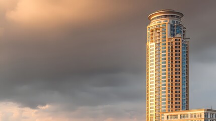 A towering, cylindrical high-rise building, bathed in golden light, stands against a dramatic, overcast sky.