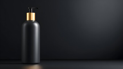 A matte black bottle with a golden pump cap sits against a deep black backdrop, highlighting the product's elegant simplicity.