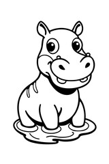 Fototapeta premium Adorable cartoon hippopotamus character sitting in water for children coloring and fun