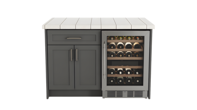 Modern grey kitchen island with sleek wine cooler showcasing chilled bottles and ample cabinet storage