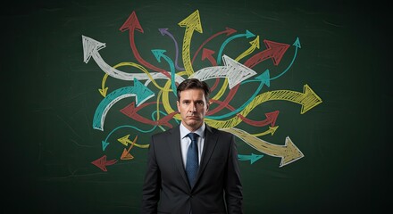 Confused businessman stands before a chaotic chalkboard display of colorful arrows pointing in multiple directions, symbolizing decision paralysis and business strategy challenges.